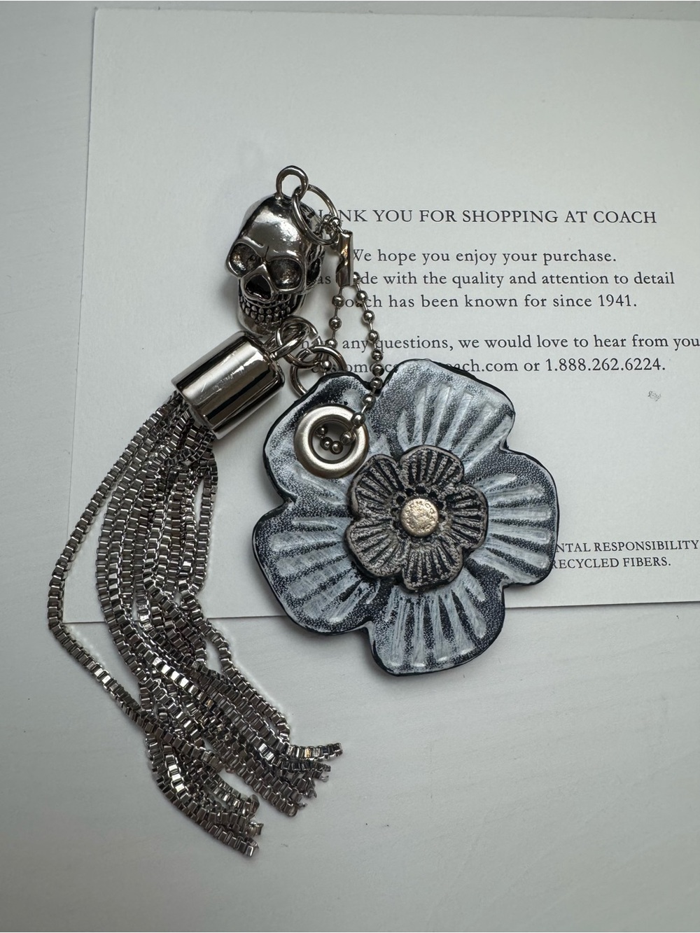 Coach Skull, Tassel and love leather vintage look tea rose Keychain Charm